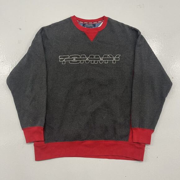 Vintage 90s Tommy Jeans Grey/Red Spellout Sweatshirt - Picture 1 of 4